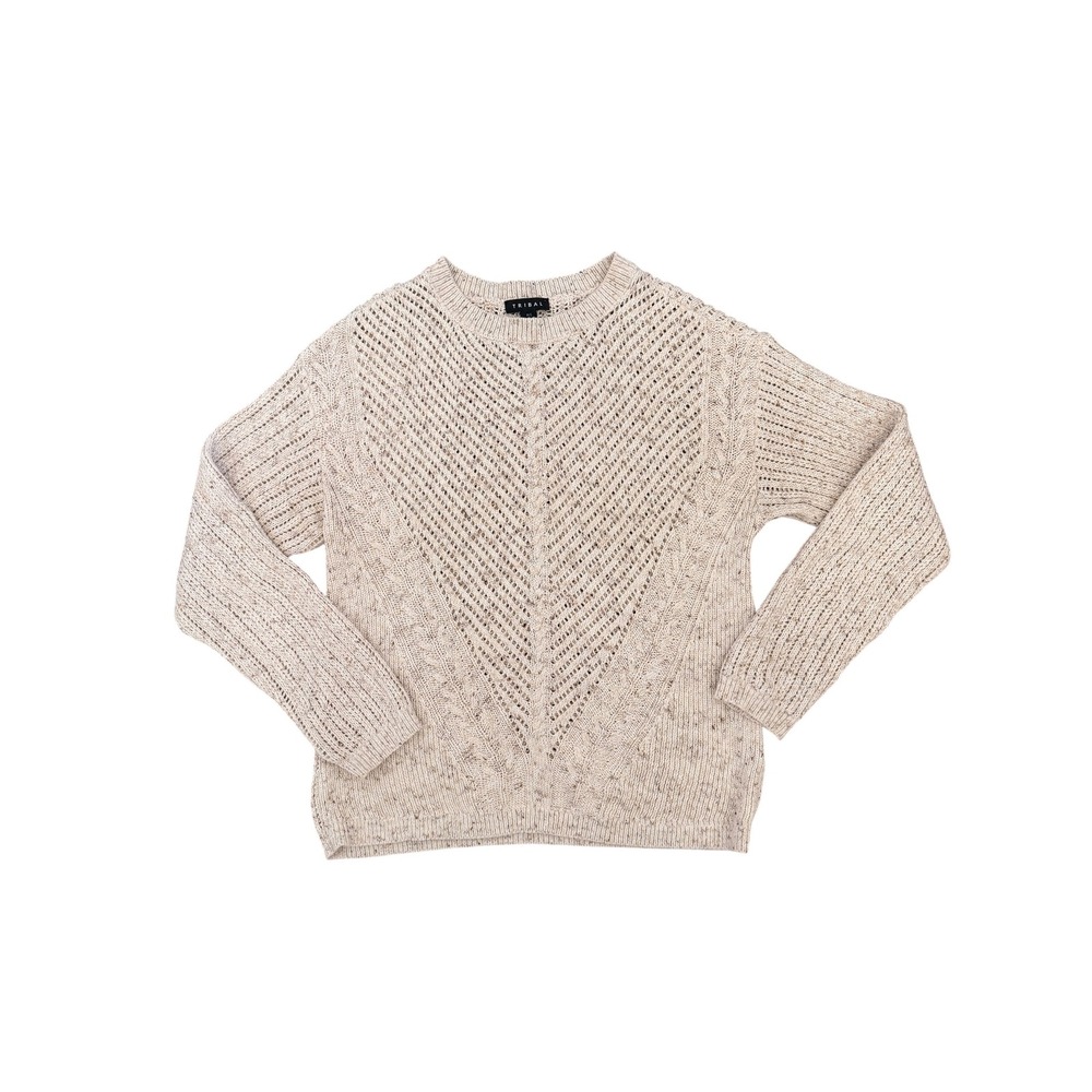 Tribal Women's Cream Marled Pointelle Cable Knit Crew Neck Sweater Size Small